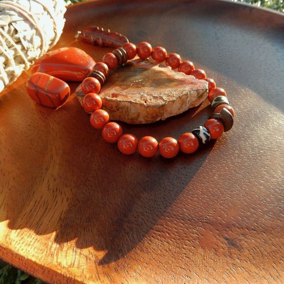 Life Force Fossil Energy Mala Bracelet/Men's Mala Bracelet/Red Jasper Grounding - Picture 2 of 4